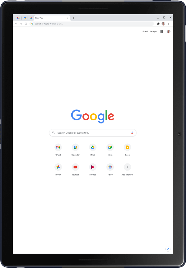 Pixel Slate Tablet in Portrait mode, showing the Google home page.