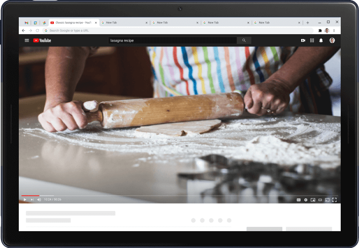 Pixelbook laptop showing video of a person rolling dough with a rolling pin, and showing that the same video is being cast to a TV screen.