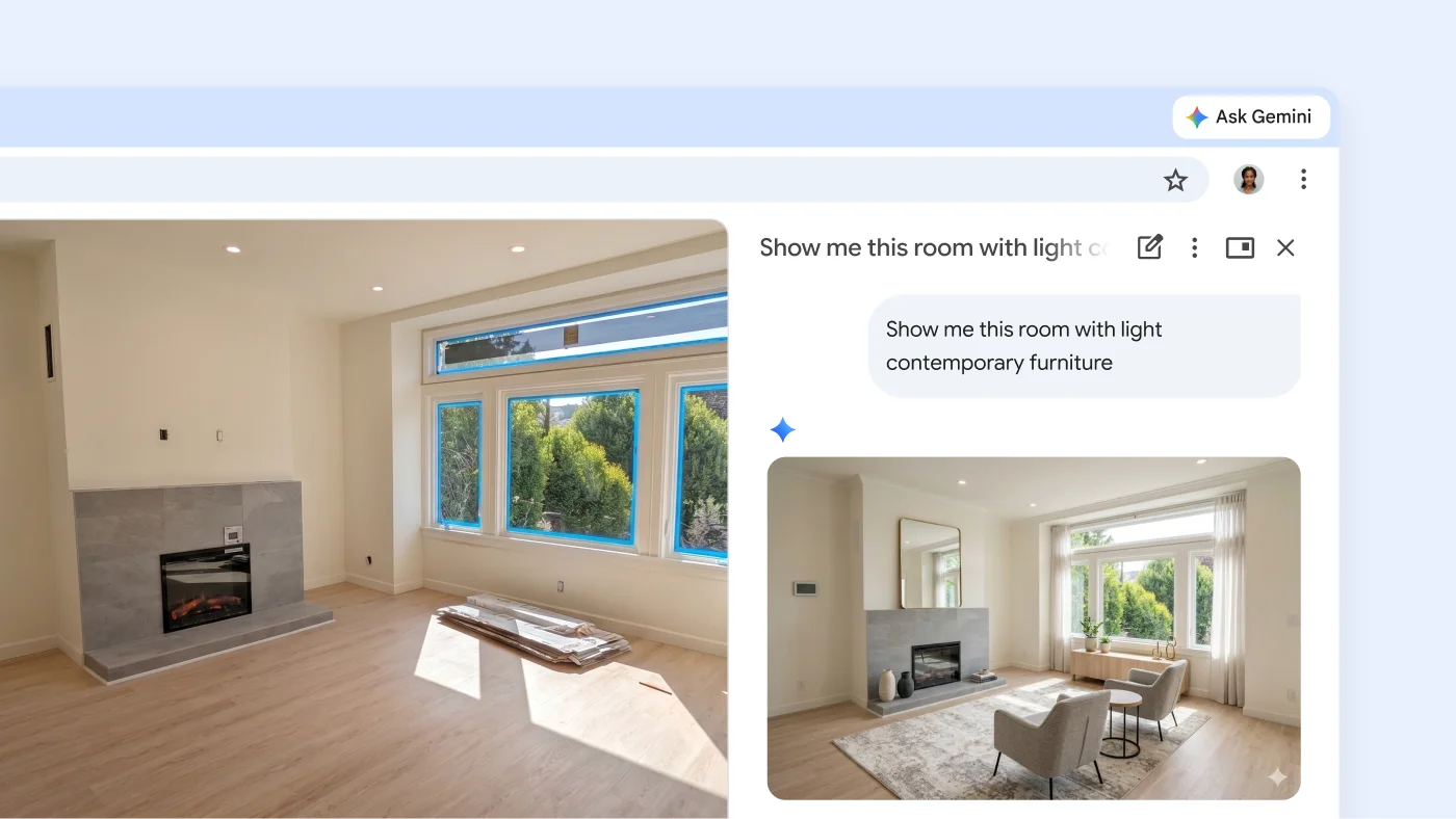A user asks Gemini in Chrome to add light contemporary furniture to an image of a living room from a webpage.