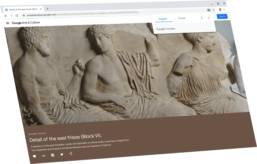 Showing a Google Arts and Culture page with a Google Translate dialog box above, translating to English.