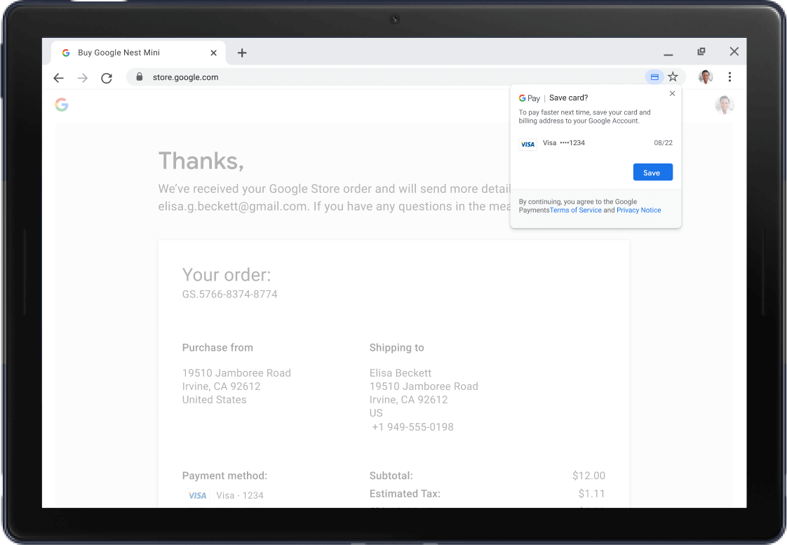 Google Pay confirmation screen shown on a Pixel Slate Tablet.